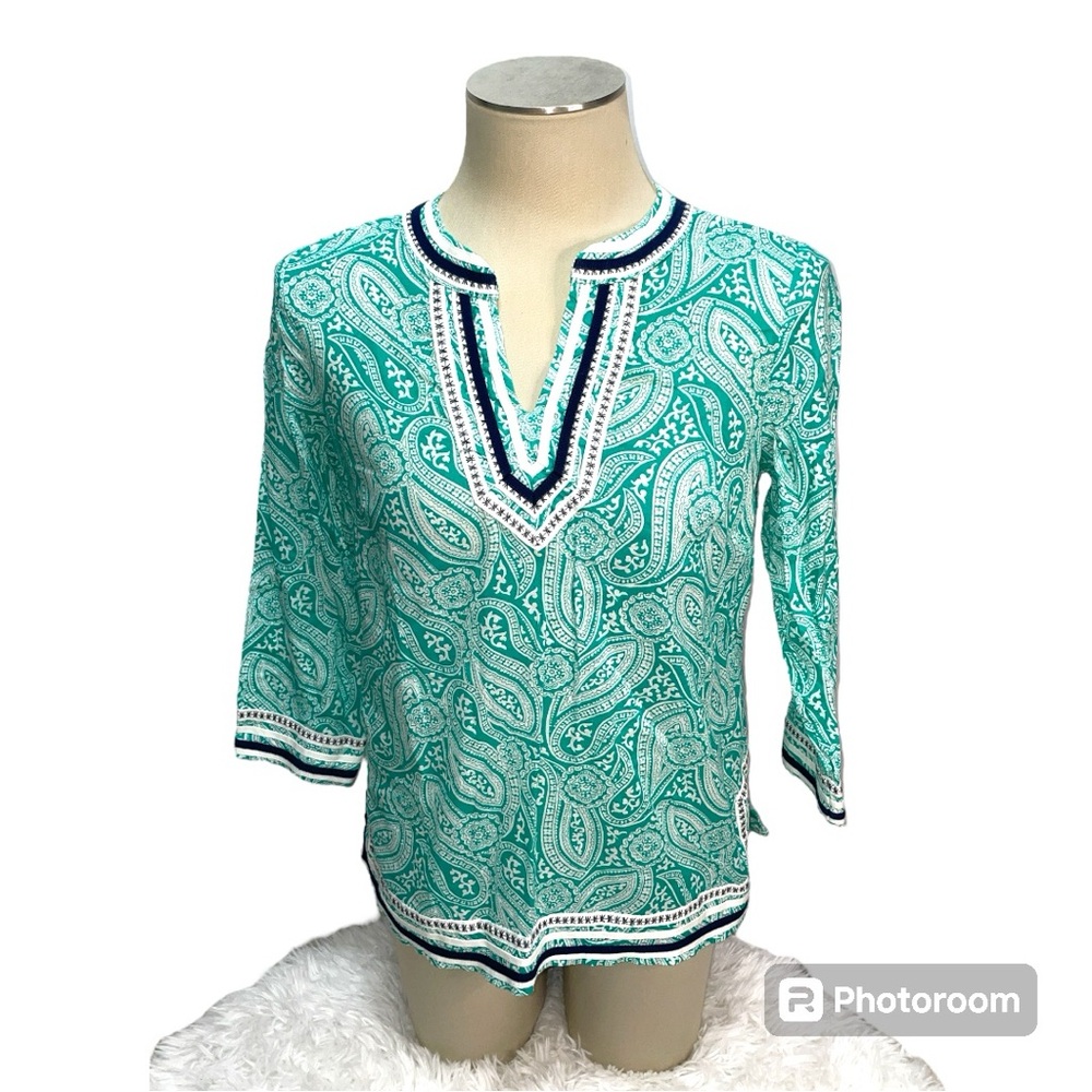 Talbots Paisley Print Cotton Embroidered Tunic Blouse Top Women's Size MP
